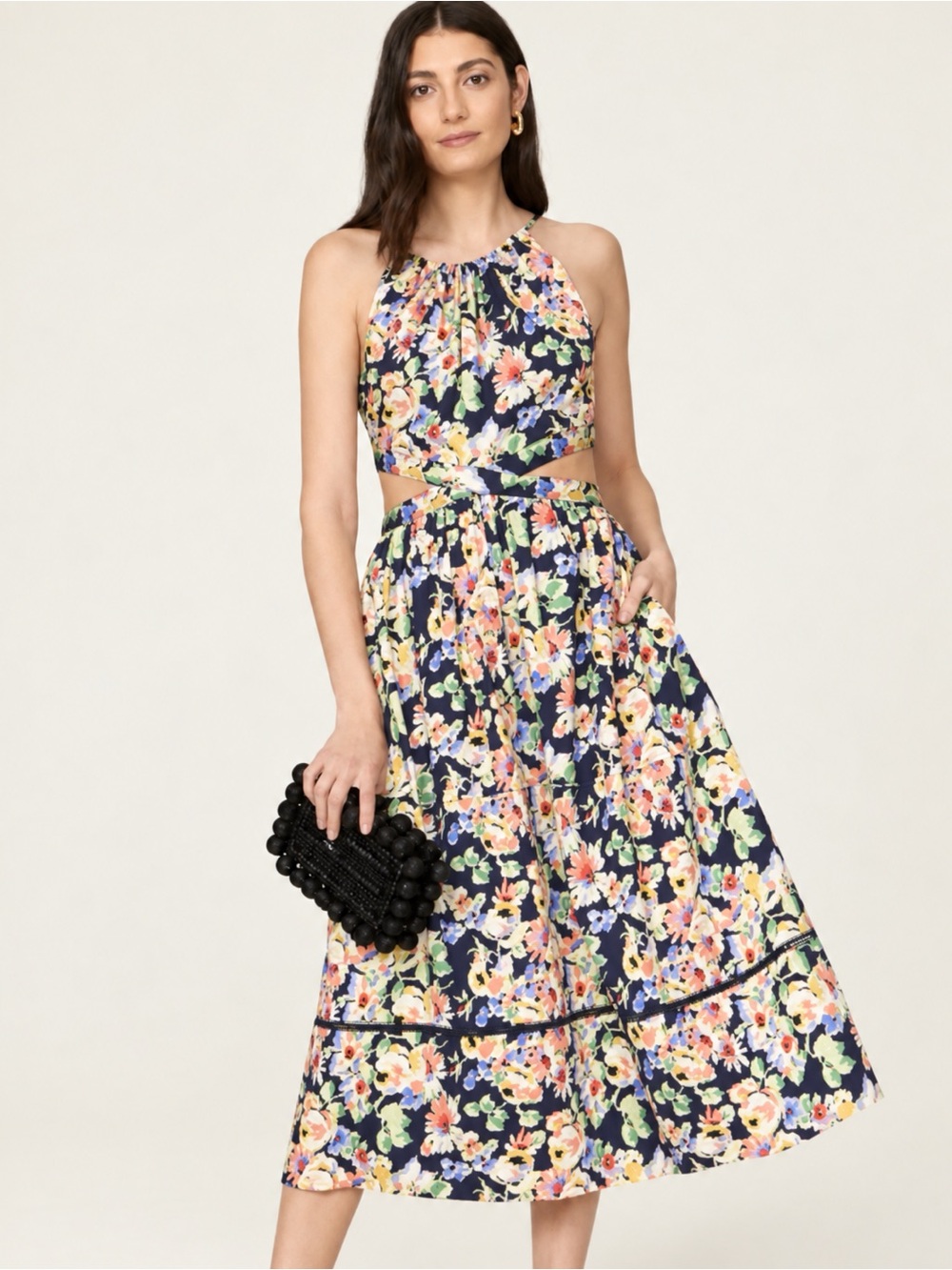 Something Navy Navy Floral Halter Midi Dress with Cutouts